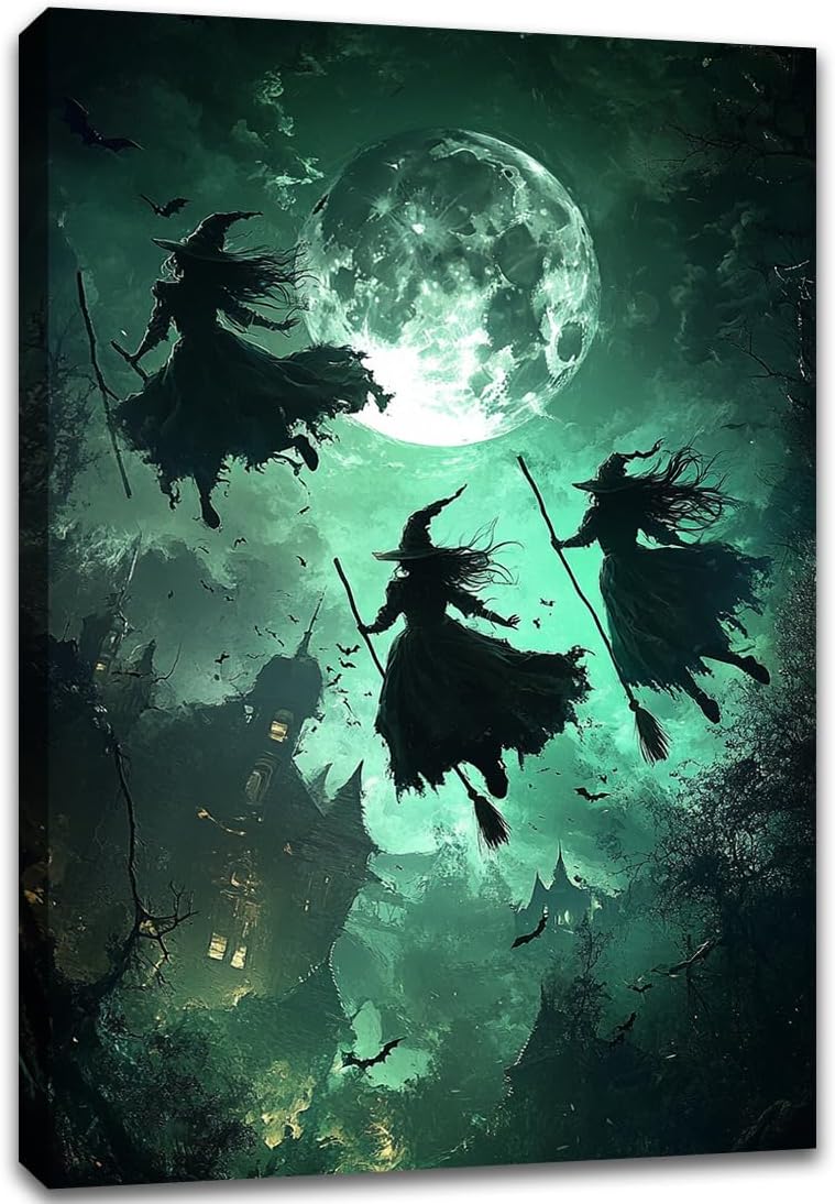 Flying Three Witches Halloween Canvas Wall Painting,Witches on Broom Under Full Moon Castle Victorian Decoration Haunted House Retro Poster for Living Room Bedroom Gallery,20"x30" Framed