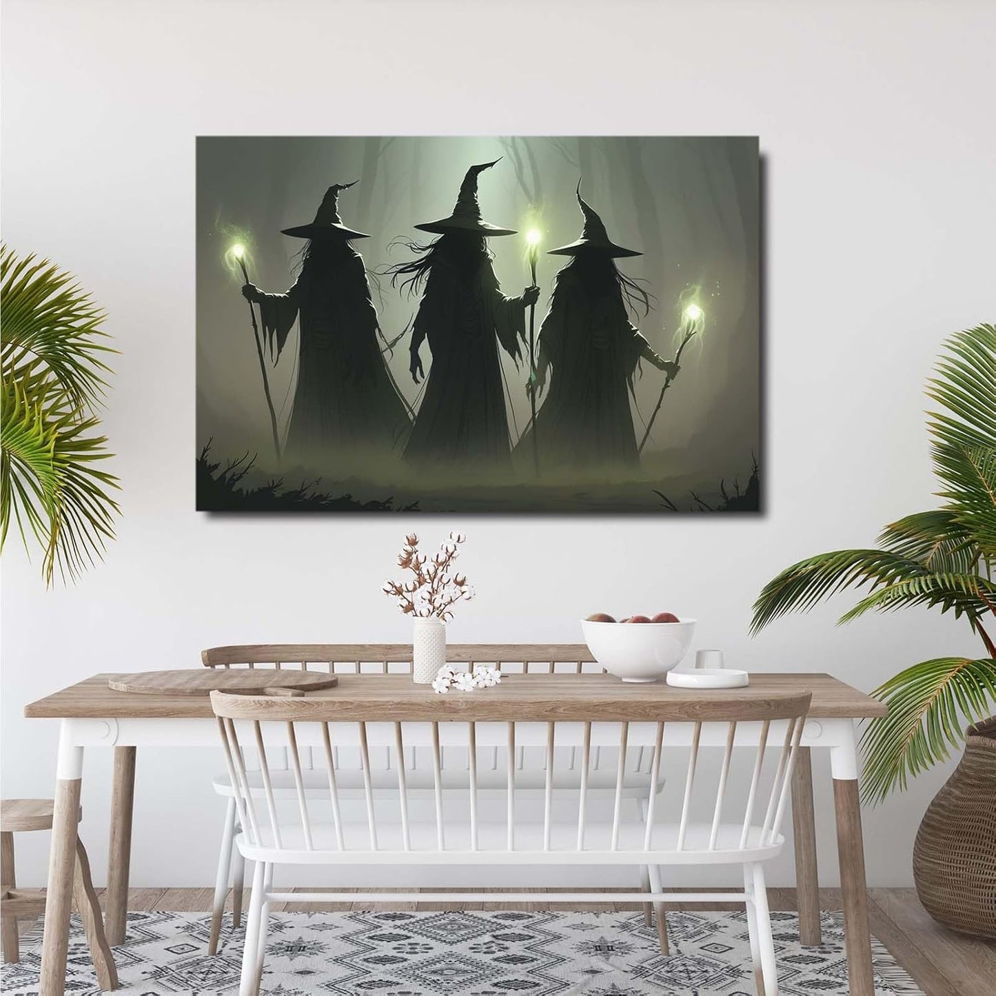 Vintage 3 witches canvas wall decor melancholy dark Halloween poster wall decor holding a staff print Gothic horror Halloween painting print for living room bedroom12x16in Wood Framed