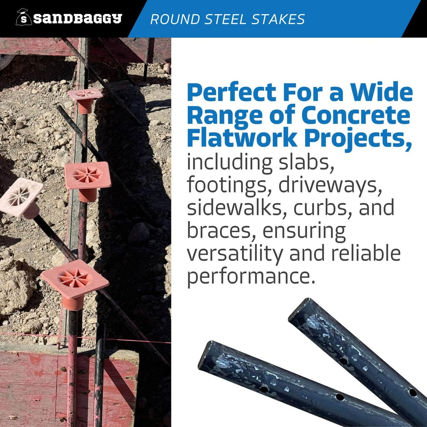 Sandbaggy Round Steel Concrete Form Stakes with Nail Holes - Rust Resistant Coating - Removable, Reusable (10, 3/4 in X 60 in)