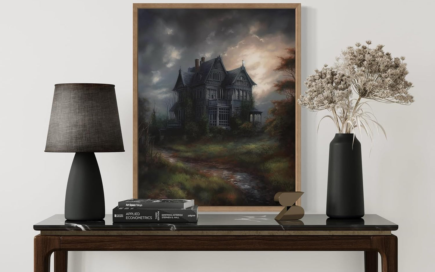 Haunted House Poster Art Print, Halloween Scary Vintage Wall Art Academia Spooky Painting Decoration for Horror Prints, Gothic Posters Bedroom Decor 89 (Haunted House, 16 x 20 inches, Wood Frame)