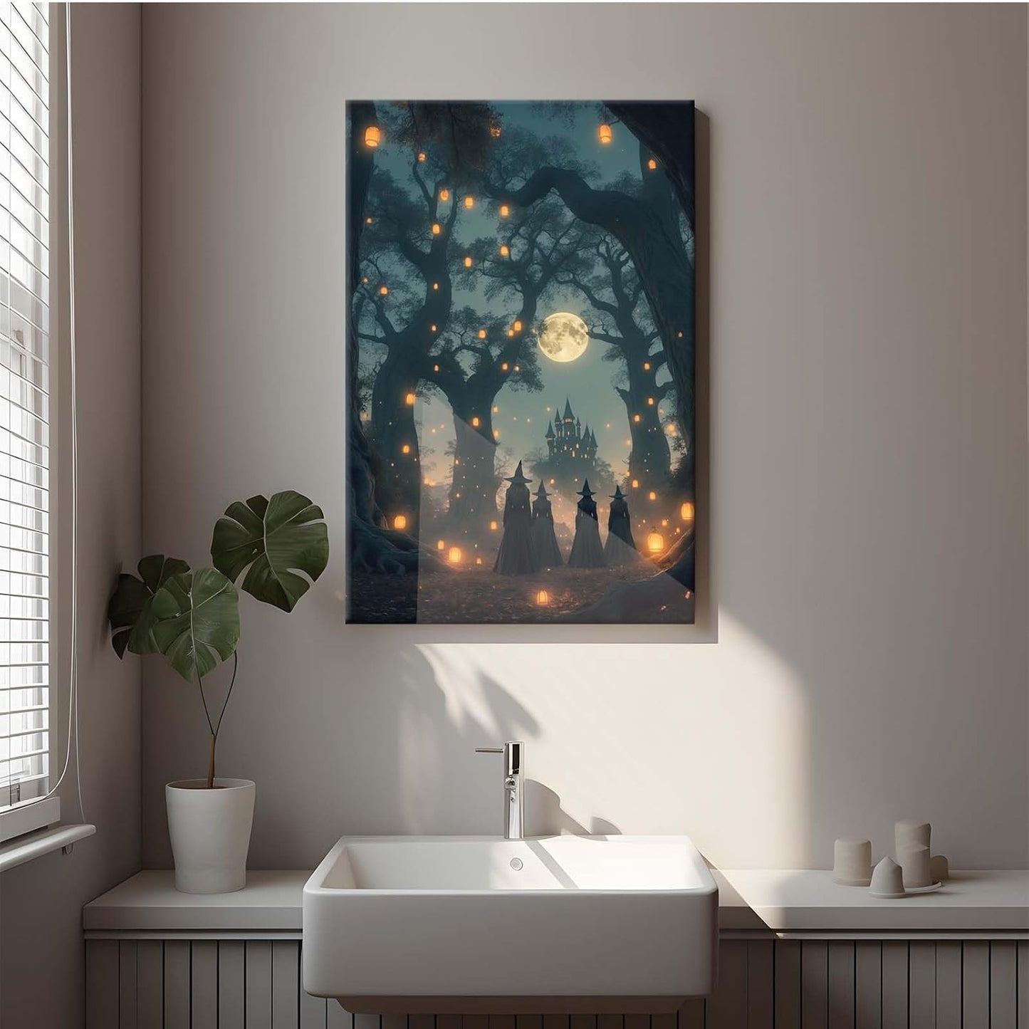 Mysterious creek painting witch and castle in magic forest art print canvas gothic print dark college decoration poster for home bedroom12x16in Wood Framed