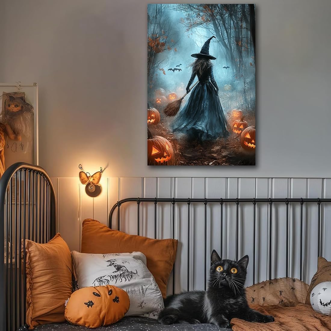 Vintage Moody Halloween Witch Artwork Wall Decor,Spooky Halloween Gothic Canvas Artwork Creepy Horror Witch with A Broom Pumpkin Bats Rustic Forest Picture,Dark Academia Poster,16"x24" Unframed