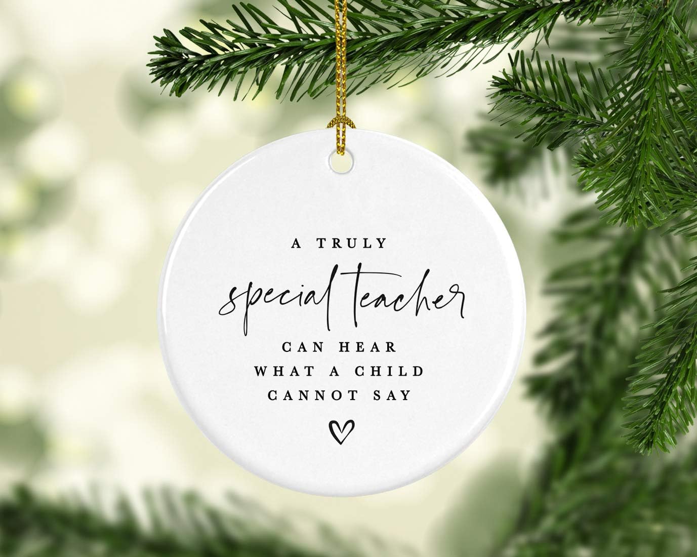 Andaz Press Round Ceramic Porcelain Christmas Tree Ornament for Teacher Thank You Appreciation Gift, A Truly Special Person Can Hear What a Child Cannot Say, Heart Graphic, 1-Pack Autism Therapist