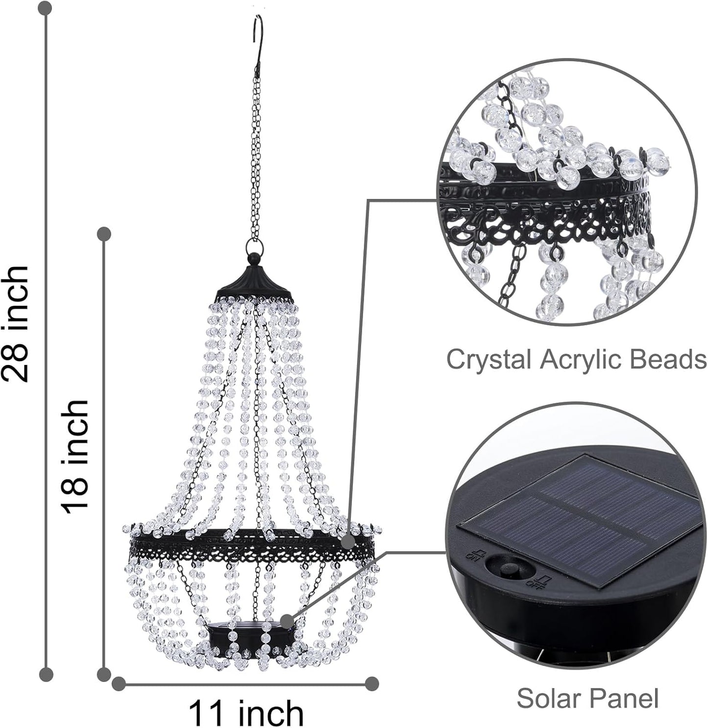 Hanging Solar Chandelier Outdoor, 30 Warm White Lights Acrylic Clear Beaded Chandelier with S Hooks Modern Lantern for Garden Yard Patio Gazebo Decorations, 28”H