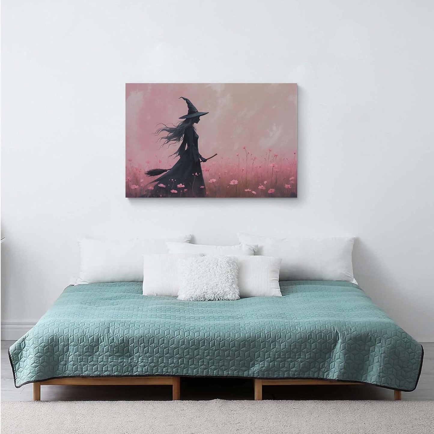 Witch in the pink sea of flowers Halloween prints weird flowers wall art silhouette painting fashionable romantic decoration suitable for bedroom8x12in Wood Framed