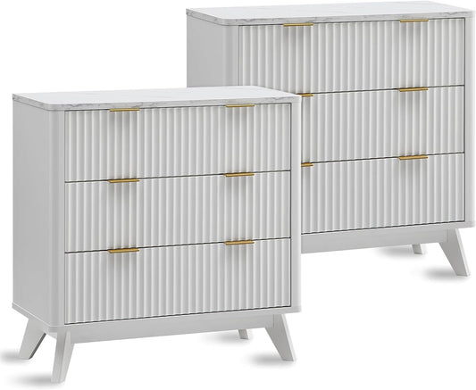 T4TREAM 32" Tall Fluted Nightstand Set of 2, Modern Side Table with Faux Marble Top, 3 Drawers End Table w/Storage, Bedside Table for Bedroom, Living Room, Curved Profile Design, Solid White