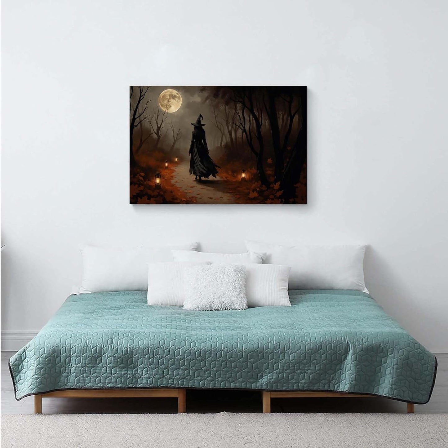 Moonlight witch poster dim lantern Halloween decoration Gothic style dark retro college style canvas wall art suitable for living room bedroom16x24in Wood Framed