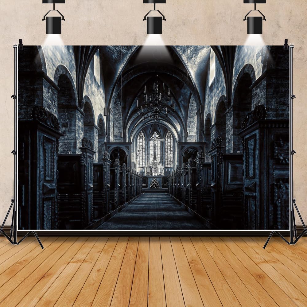 ChloropLastid 10x6.5ft Scary Church Halloween Backdrop Dark Black Horror Gothic Medieval Castle Interior Photography Background Halloween Night Carnival Theme Party Decor Banner Photo Studio Props