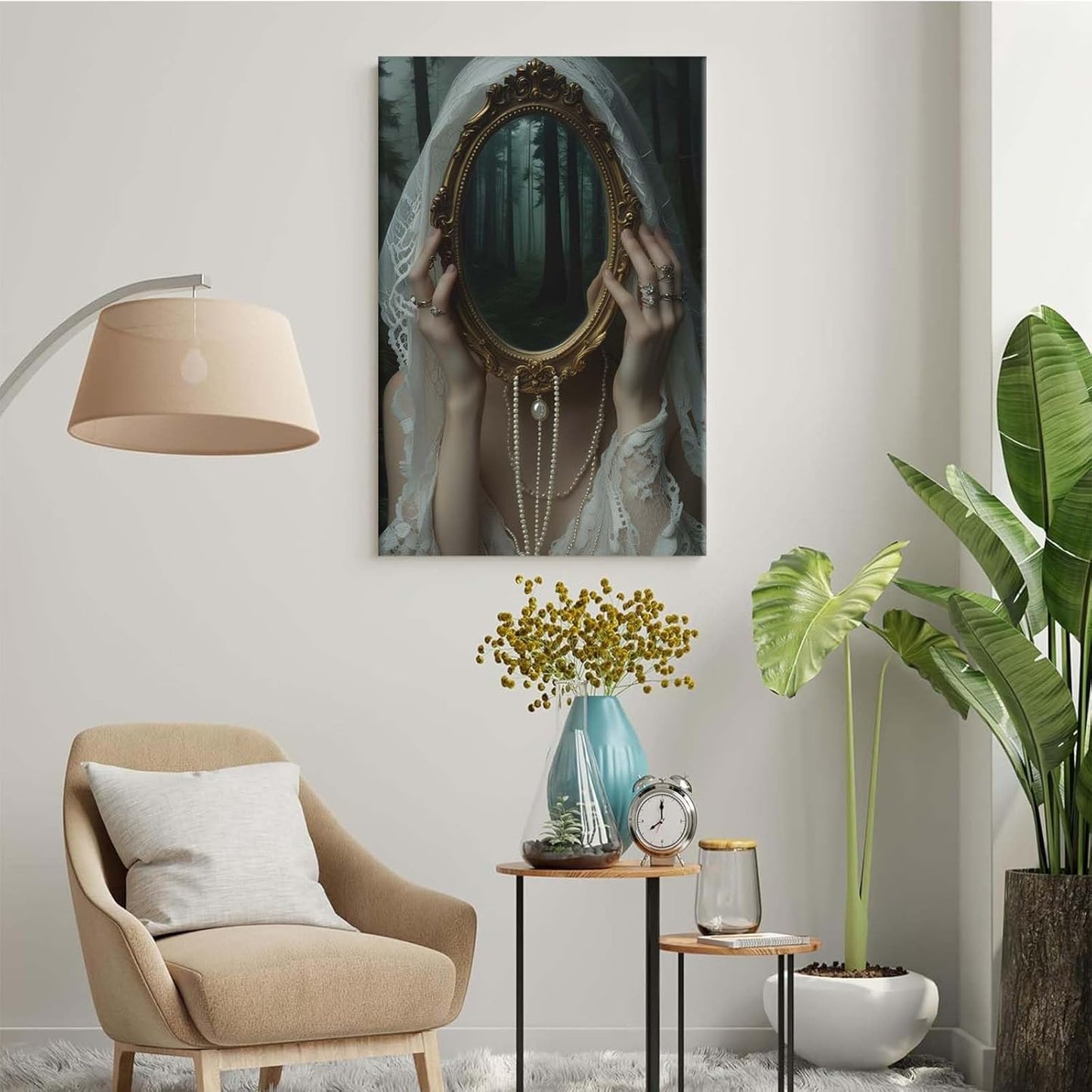 Mirror face covering dark art poster print melancholy gothic painting vintage feminine print victorian style decoration antique art24x36in Wood Framed