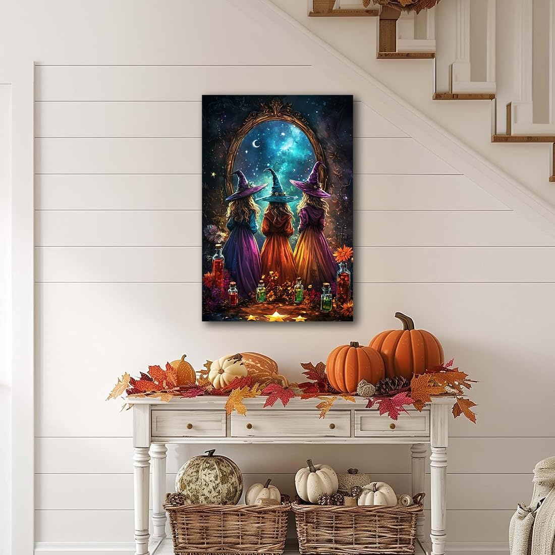 Witch Poster Halloween Fall Wall Art Decor,Three Witches with Magic Potion Mirror Colorful Vintage Print,Dark Academia Spooky Canvas Art Prints for Home Living Room,20"x30" Framed