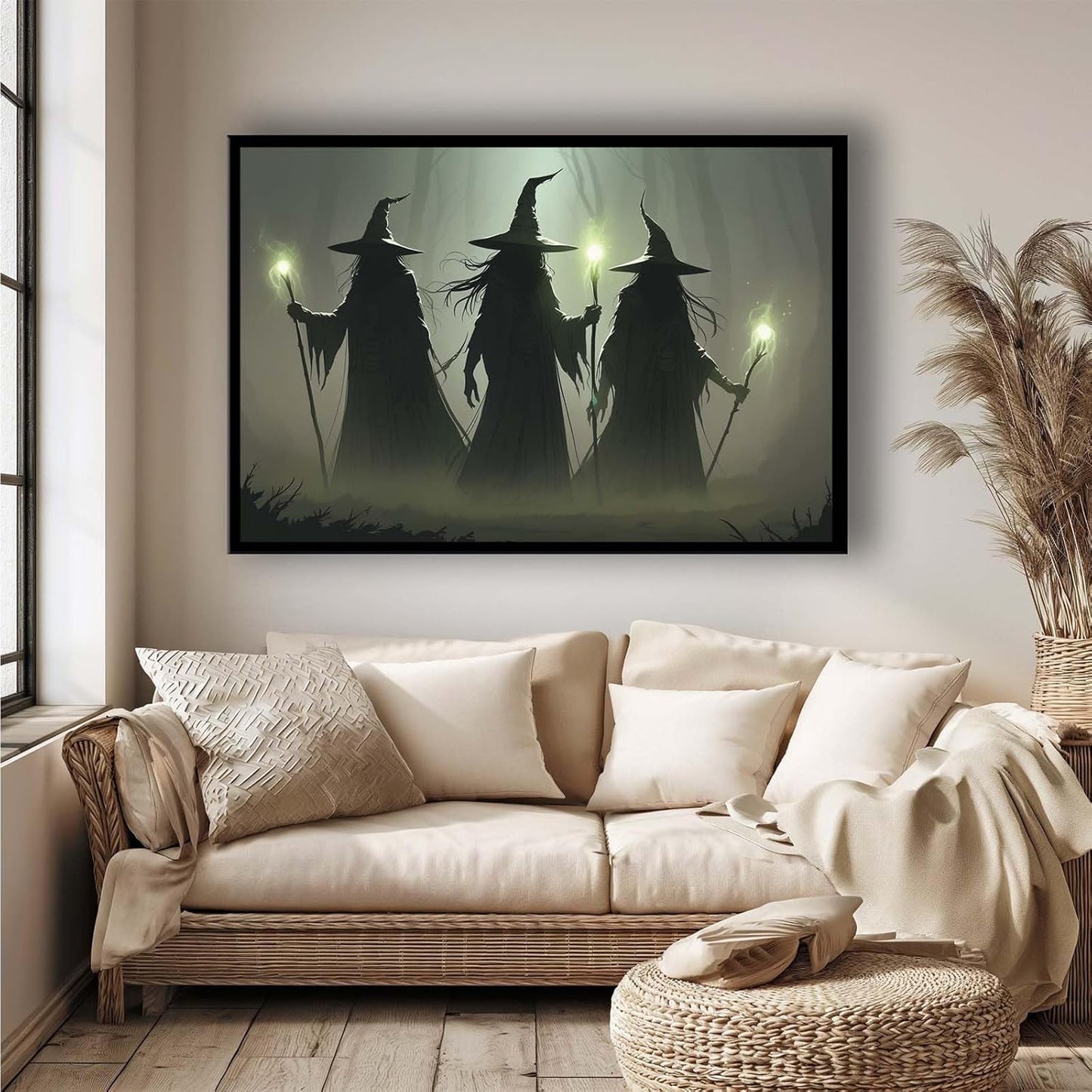JFHCQJPK Vintage 3 witches canvas wall decor melancholy dark Halloween poster wall decor holding a staff print Gothic horror Halloween painting print for living room bedroom8x12in Metal blackFramed
