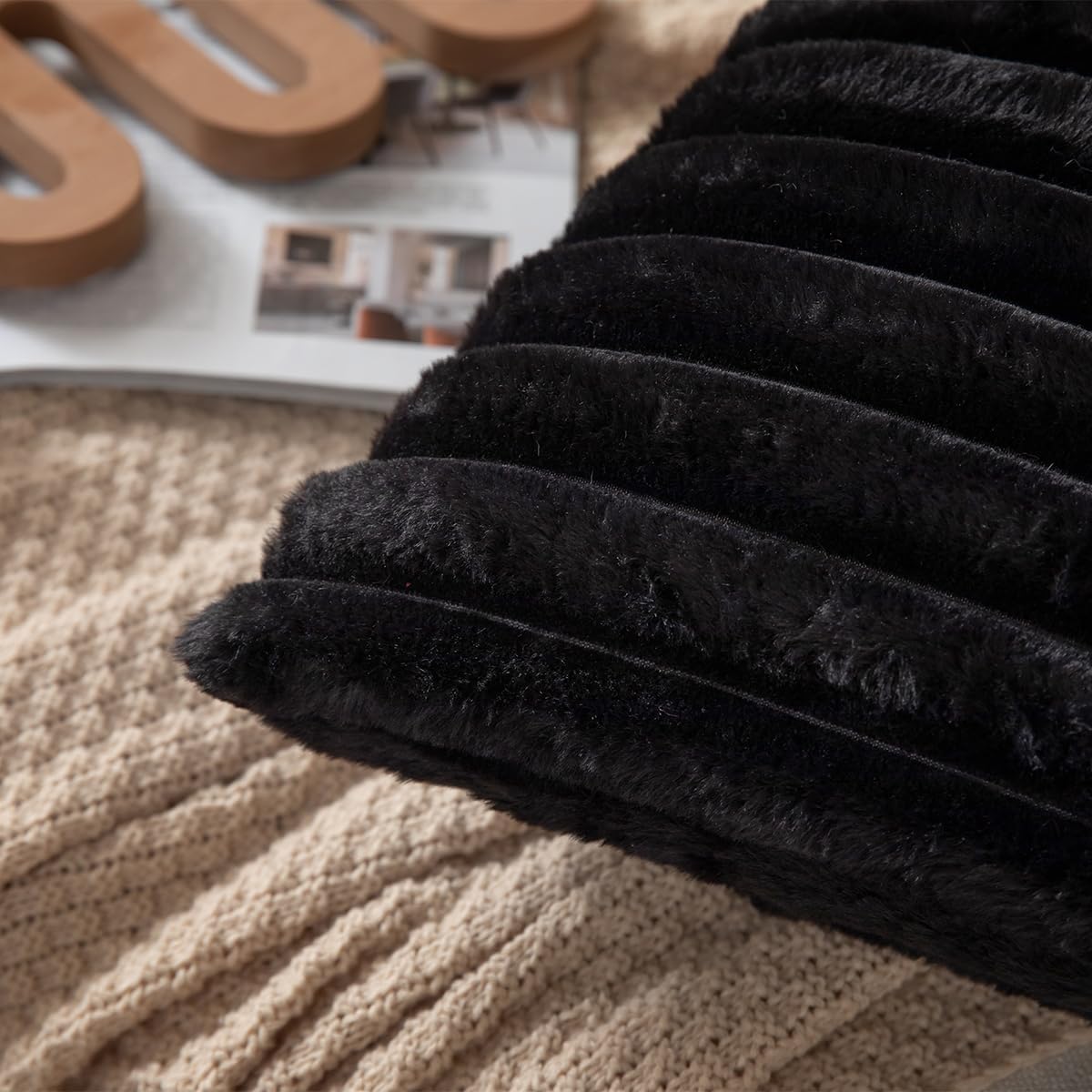DEELAND Pack of 2,Double-Sided Faux Fur Plush Decorative Throw Pillow Covers Fuzzy Striped Soft Pillowcase Cushion Covers for Sofa Couch Bedroom Black 26x26 inch