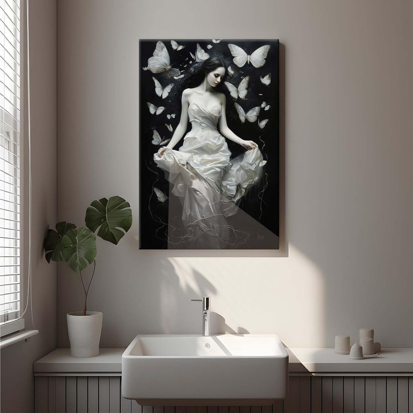Vintage Gothic Feminine Canvas Wall Art Print Butterfly Poster Moody Preppy Wall Art Dark College Decor for Home Bedroom16x24in Wood Framed