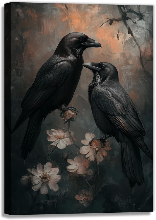 OAAPITI Birds Canvas Wall Art Black Couple Crow Picture Print Vintage Gothic Raven Artwork for Living Room Halloween Home Wall Decor(Artwork-7,20"x30")