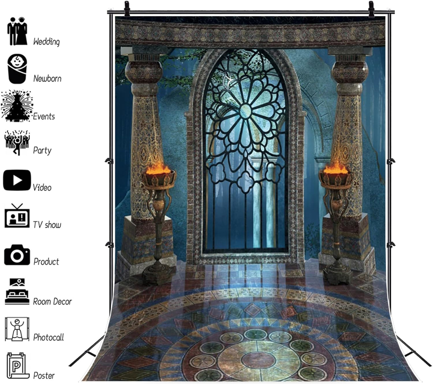 Renaiss 8x10ft Medieval Castle Backdrop for Photoshoot Portrait Pillar Torch Gothic Stone Tower Ancient Old Fortress Interior Photography Background Halloween Party Decor Wallpaper Photo Studio Props