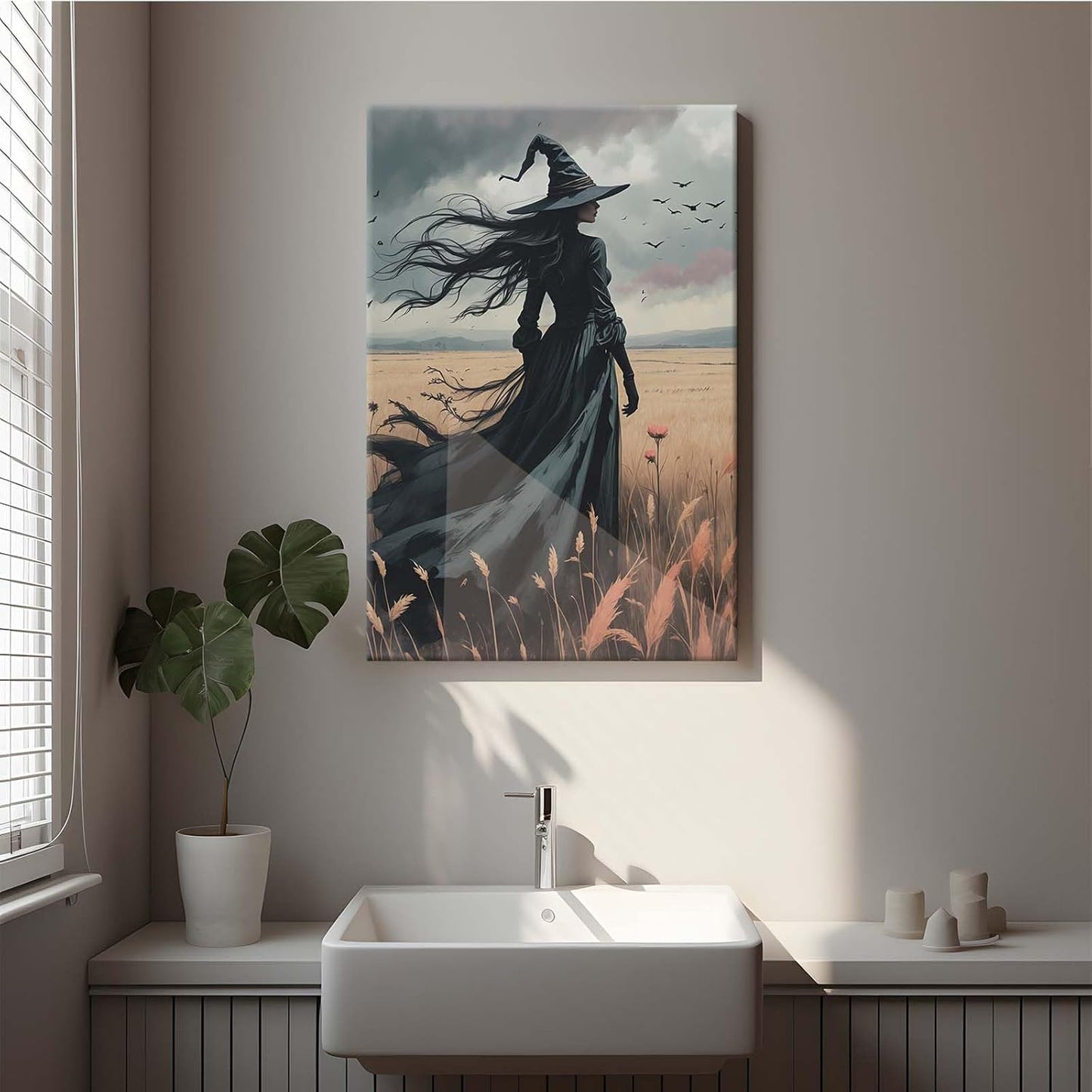 Gothic Decor Canvas Wall Art Witch in Rice Field Halloween Art Decor Print Nature Print Victorian Home Bedroom20x30in Wood Framed