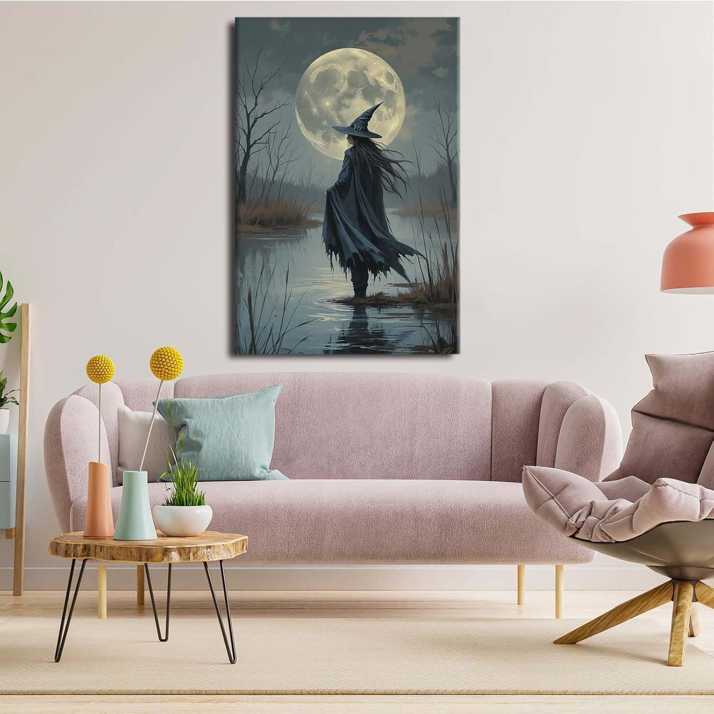 JFHCQJPK Witch in the moonlight magic canvas wall art enchanting Halloween home decor swamp witch silhouette oil painting mysterious gothic aesthetic wall decor print poster12x16in Frameless