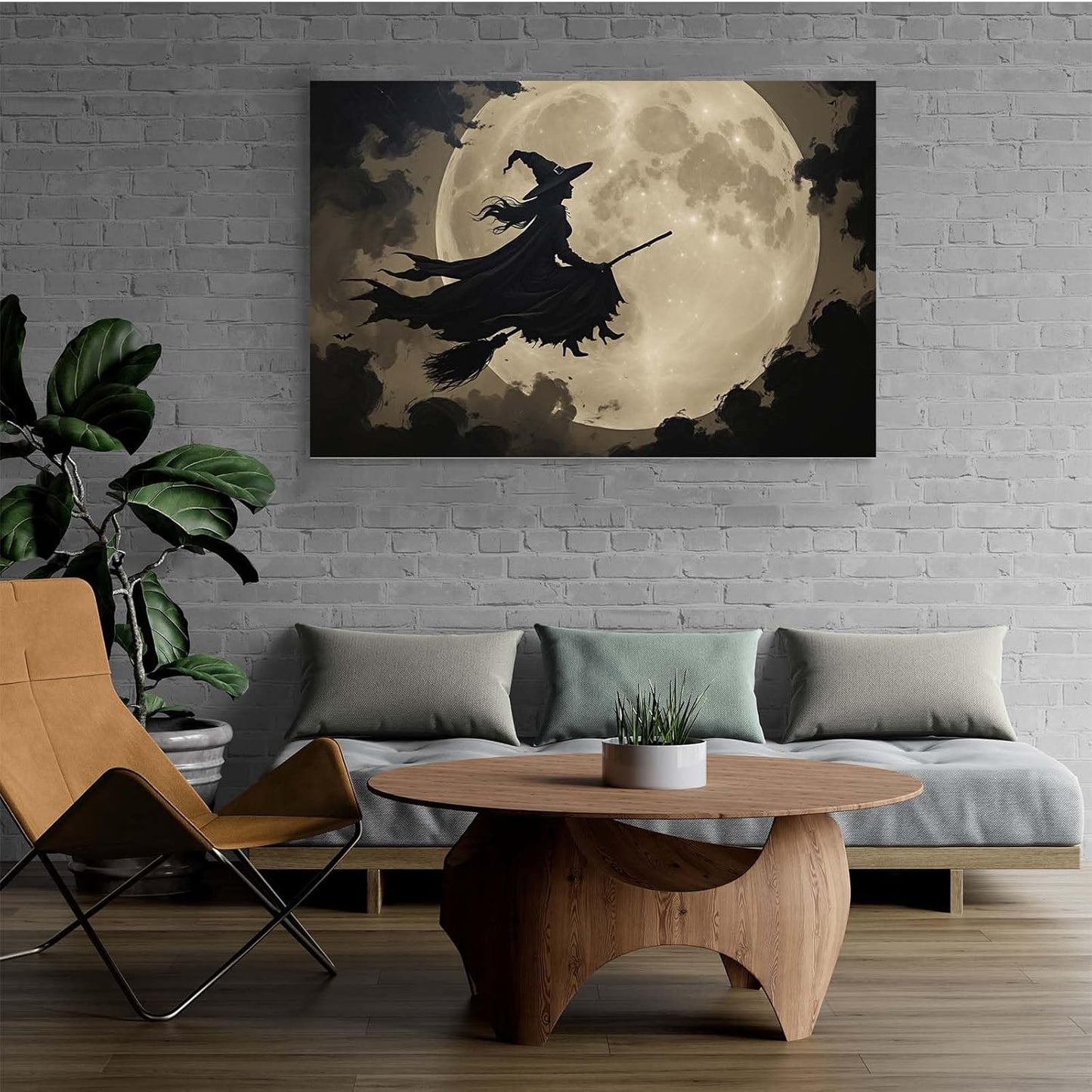 JFHCQJPK Full moon witch silhouette poster witch on magic broom Halloween mural poster decorative mural art suitable for home living room bedroom8x12in Frameless