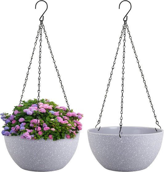 10 inch Hanging Planters for Indoor Outdoor Plants, 2 Pack Hanging Flower Pots with Drainage Holes and Chain for Garden Porch, Plastic Hanging Baskets for House Plants, Speckled Grey