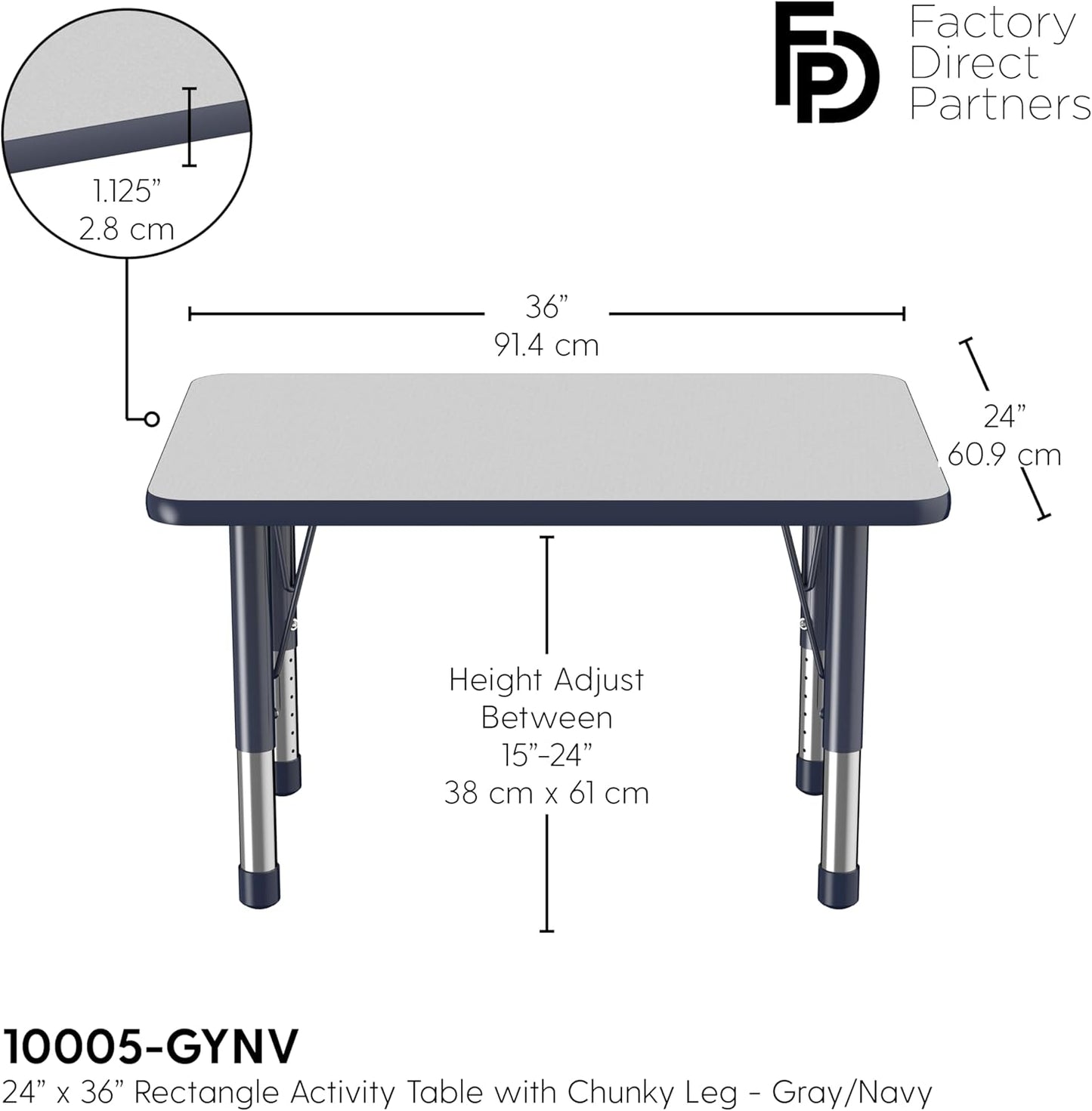 FDP Rectangle Activity School and Classroom Kids Table (24 x 36 inch), Chunky Toddler Leg, Adjustable Height 15-24 inches - Gray Top and Navy Edge