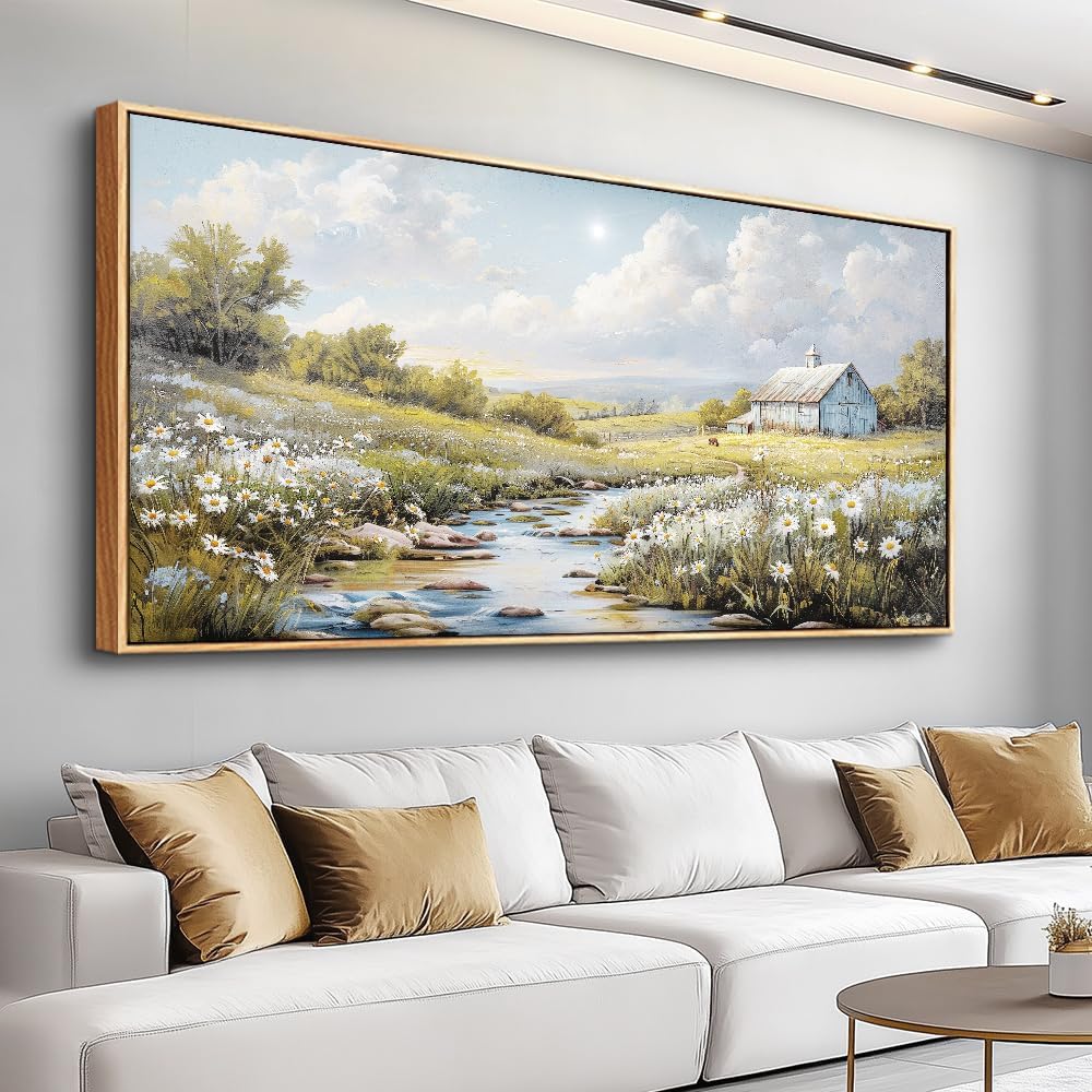 PHAOHUAXM Wood Framed Wall Art For Living Room Large Canvas Wall Decor For Bedroom Flower Watercolour Painting Office Decor Countryside Scenery Wall Picture Printing Artwork Home Decor 20x40 In