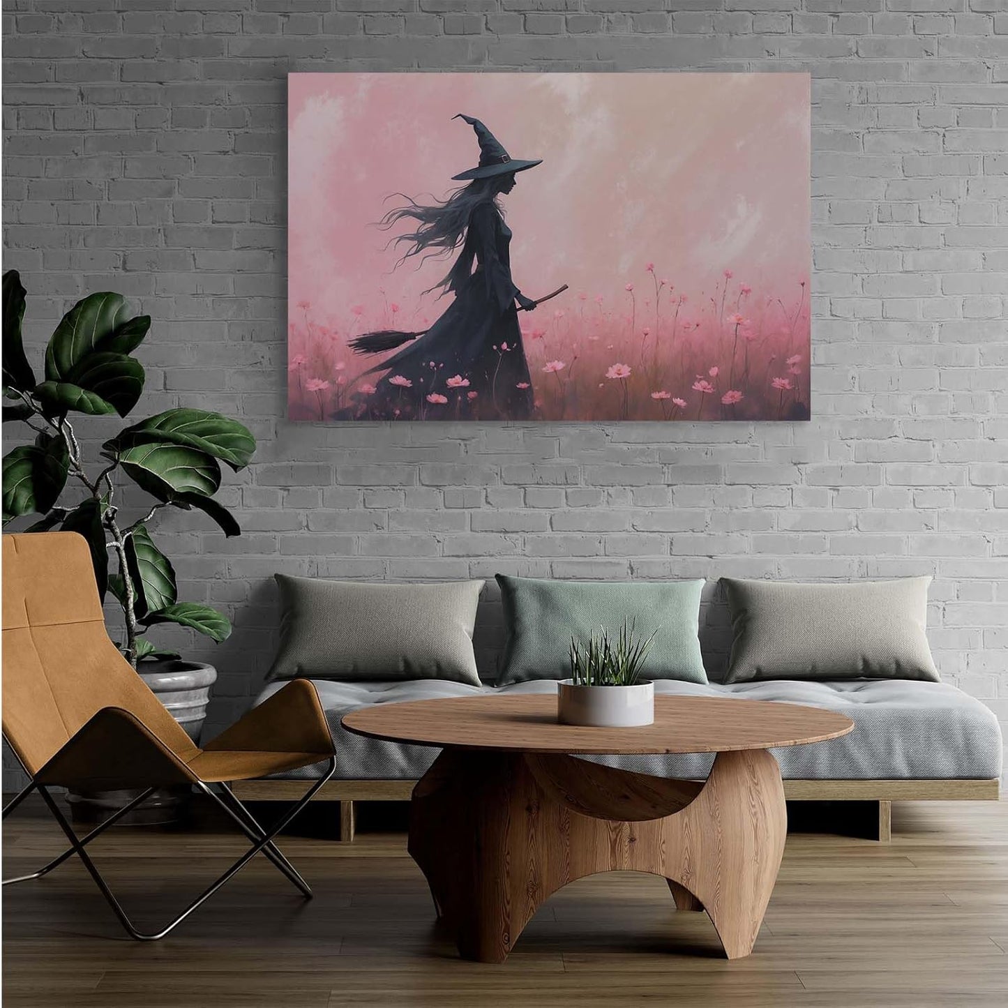Witch in the pink sea of flowers Halloween prints weird flowers wall art silhouette painting fashionable romantic decoration suitable for bedroom8x12in Wood Framed