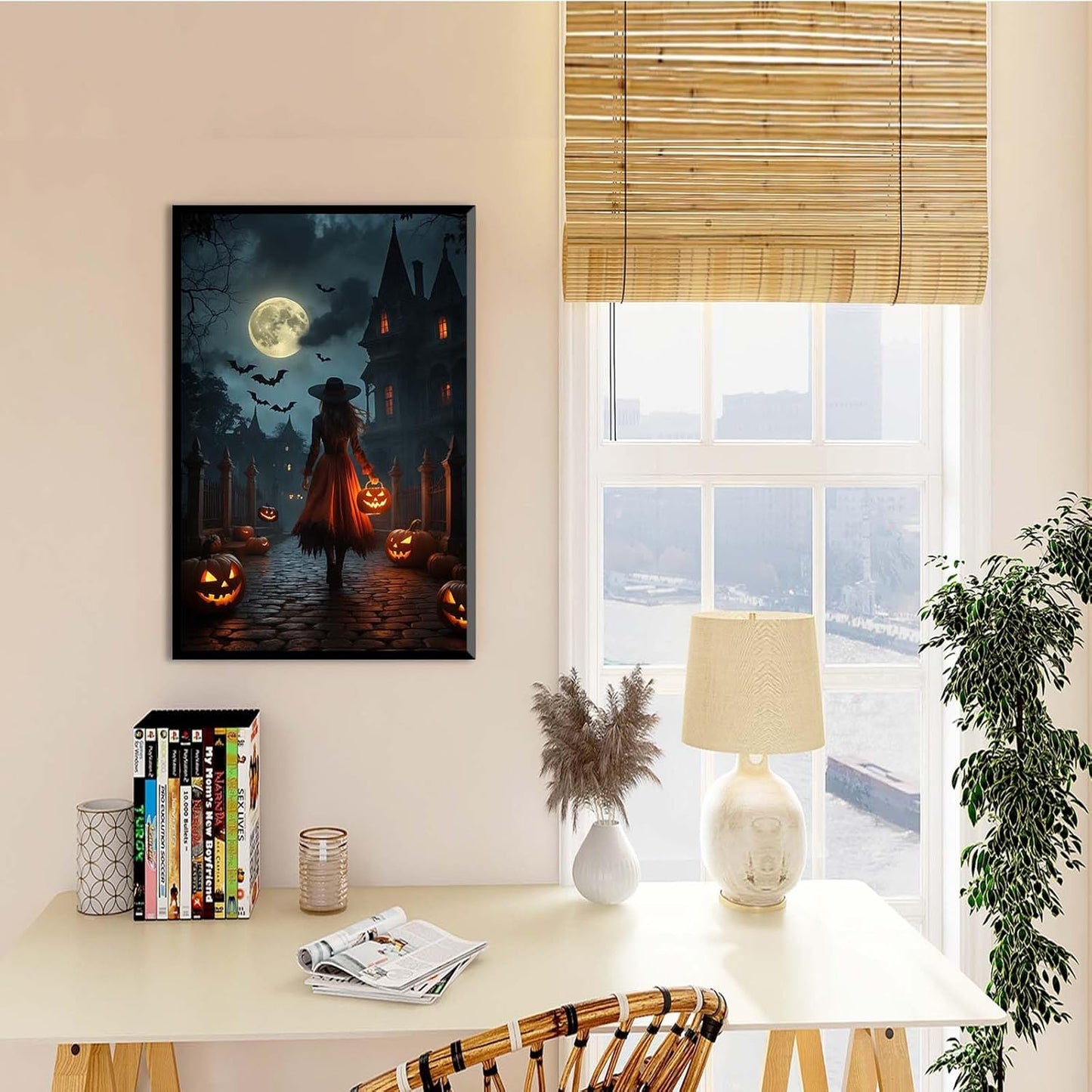 JFHCQJPK Halloween theme poster moonlit autumn night witch vintage poster art print dark college style gothic painting canvas wall decoration bedroom living room ideal gift8x12in Metal blackFramed