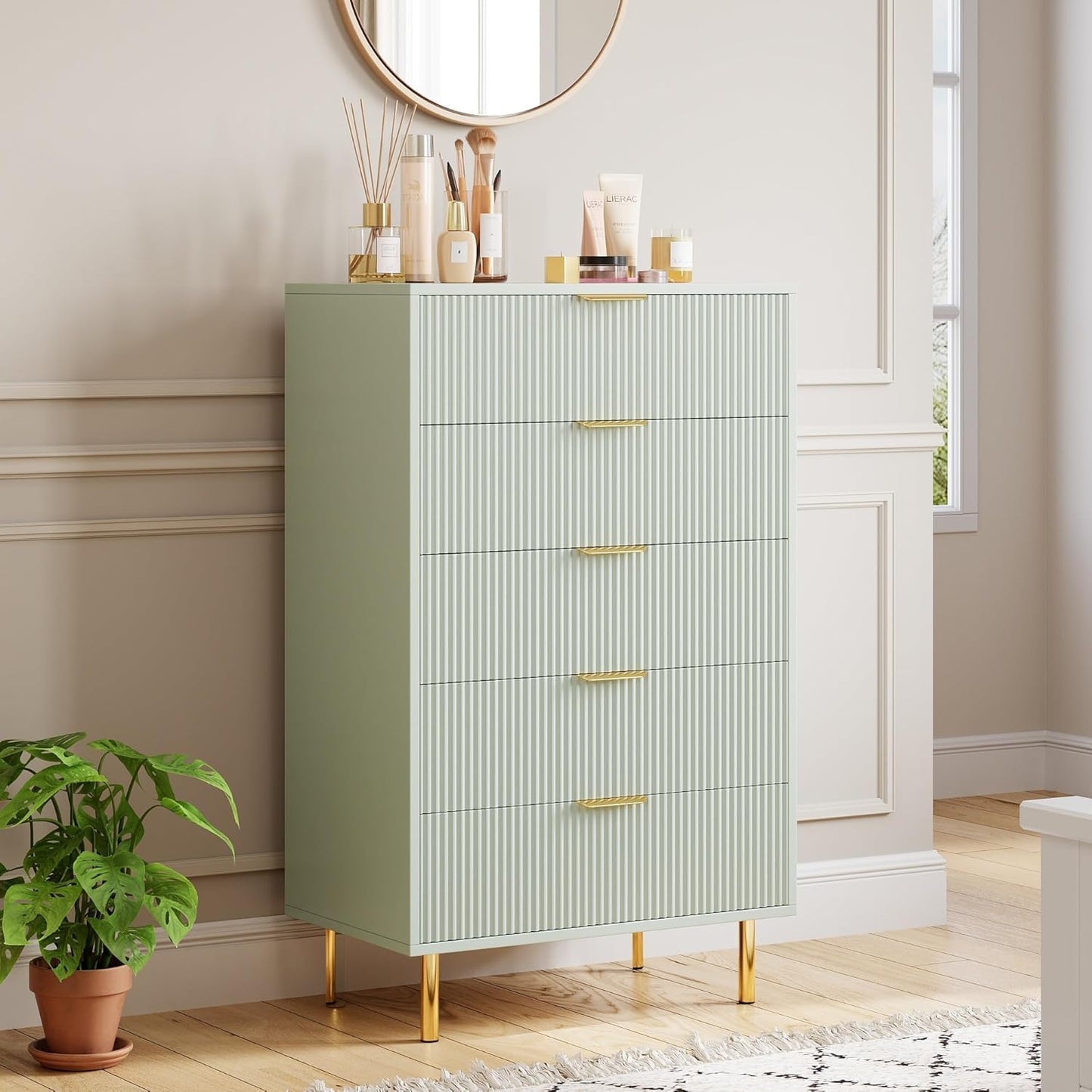 GAOMON 5 Drawer Dresser, Wood Chest of Drawers Organizer Storage with Gold Handle, Tall Storage Cabinet, Modern Design Dresser for Bedroom, Living Room, Closet, Hallway, Entryway, Green