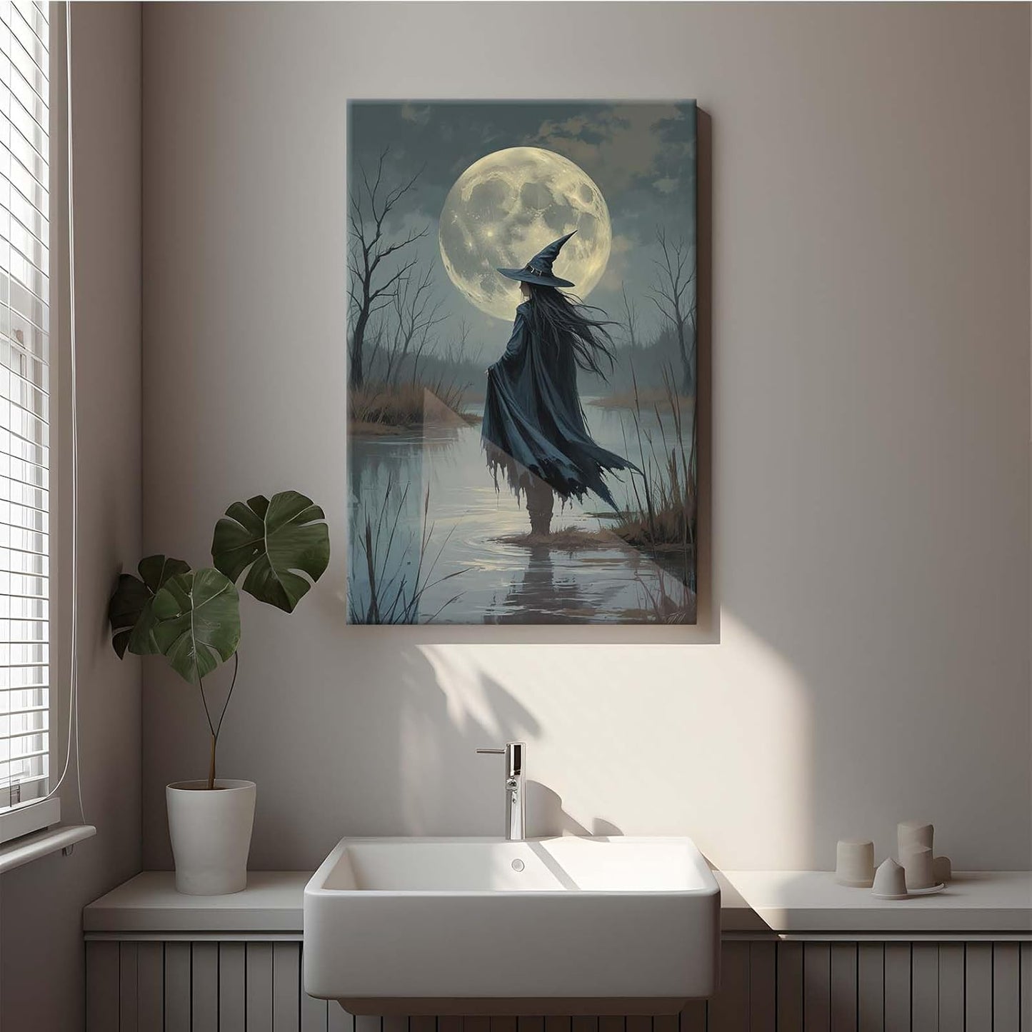 JFHCQJPK Witch in the moonlight magic canvas wall art enchanting Halloween home decor swamp witch silhouette oil painting mysterious gothic aesthetic wall decor print poster28x40in Frameless