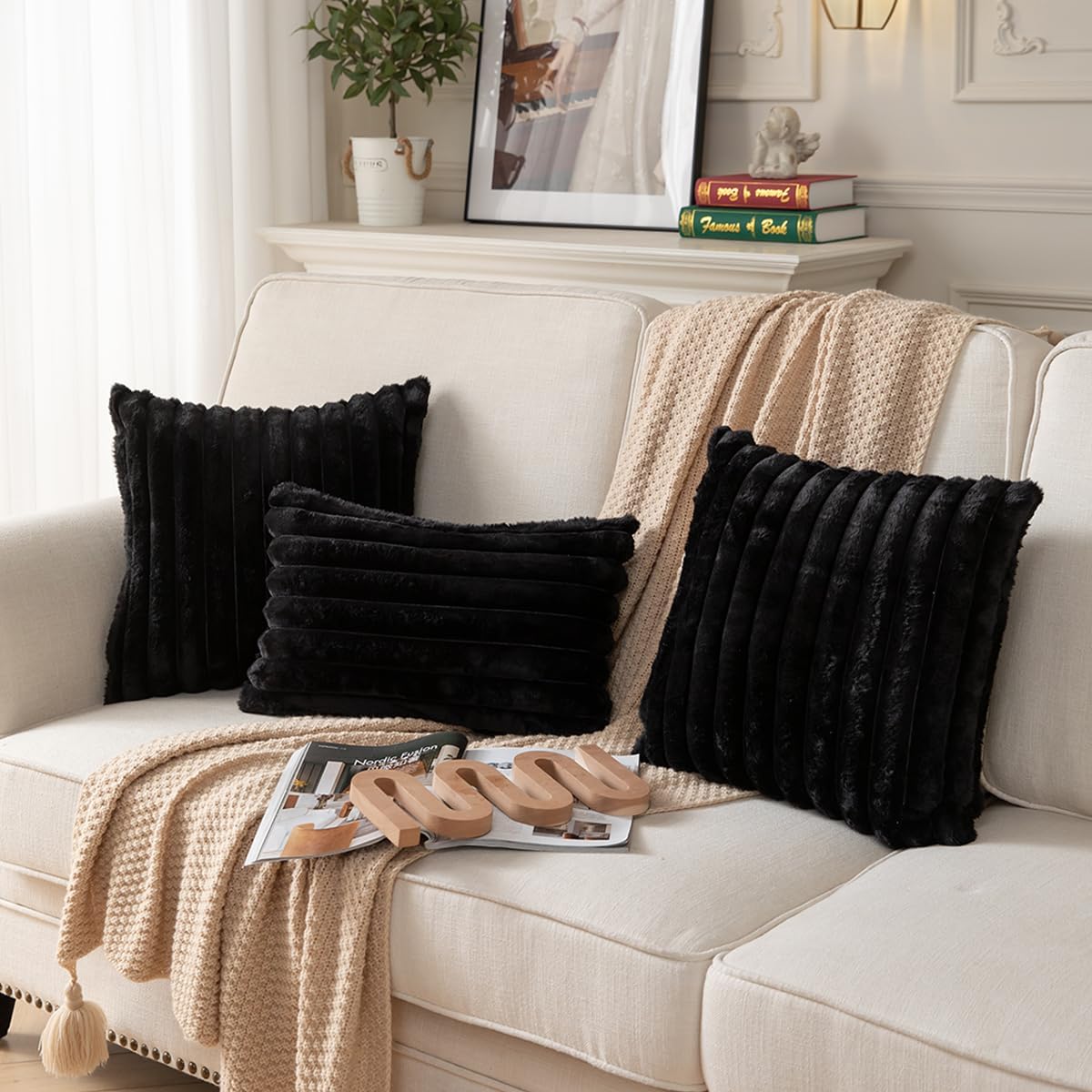 DEELAND Pack of 2,Double-Sided Faux Fur Plush Decorative Throw Pillow Covers Fuzzy Striped Soft Pillowcase Cushion Covers for Sofa Couch Bedroom Black 24x24 inch