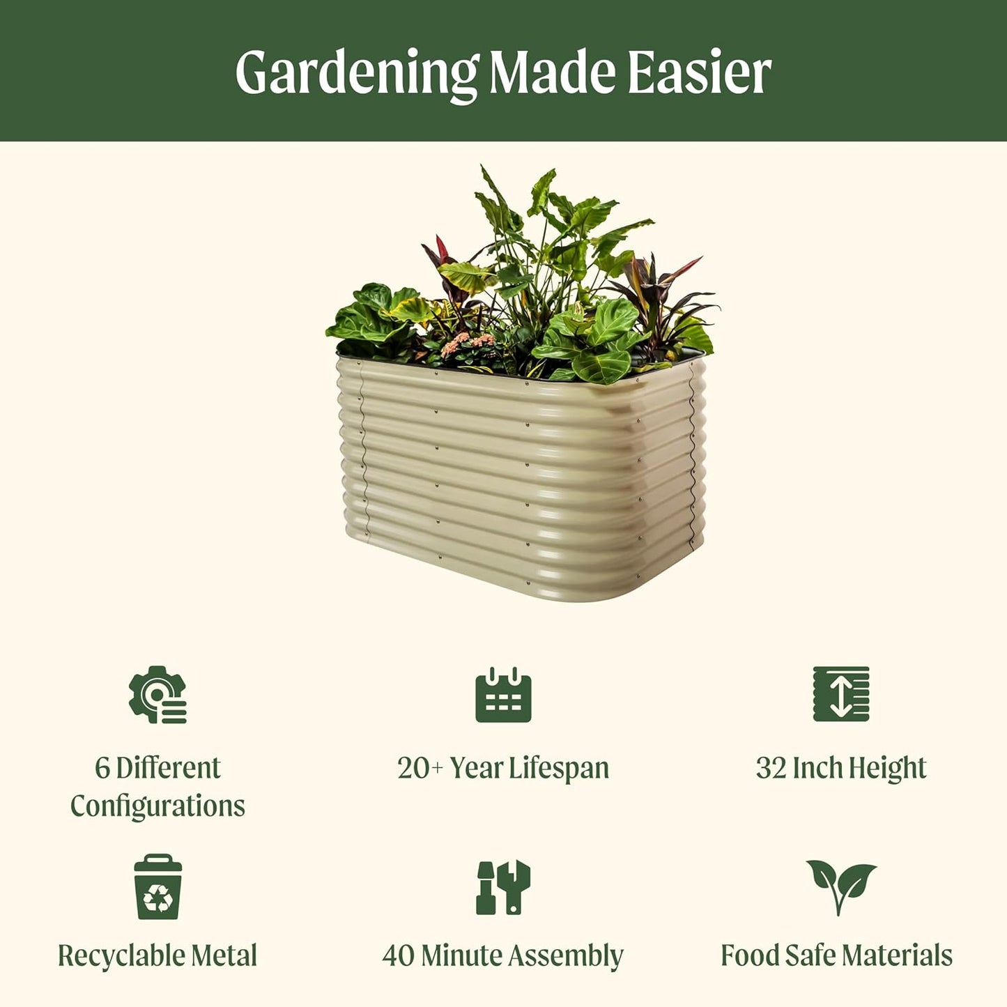 Vego garden 32" Extra Tall Raised Garden Bed Kits, 6 in 1 Modular Raised Planter Box for Vegetables Flowers Fruits Oval Metal Raised Garden-British Green
