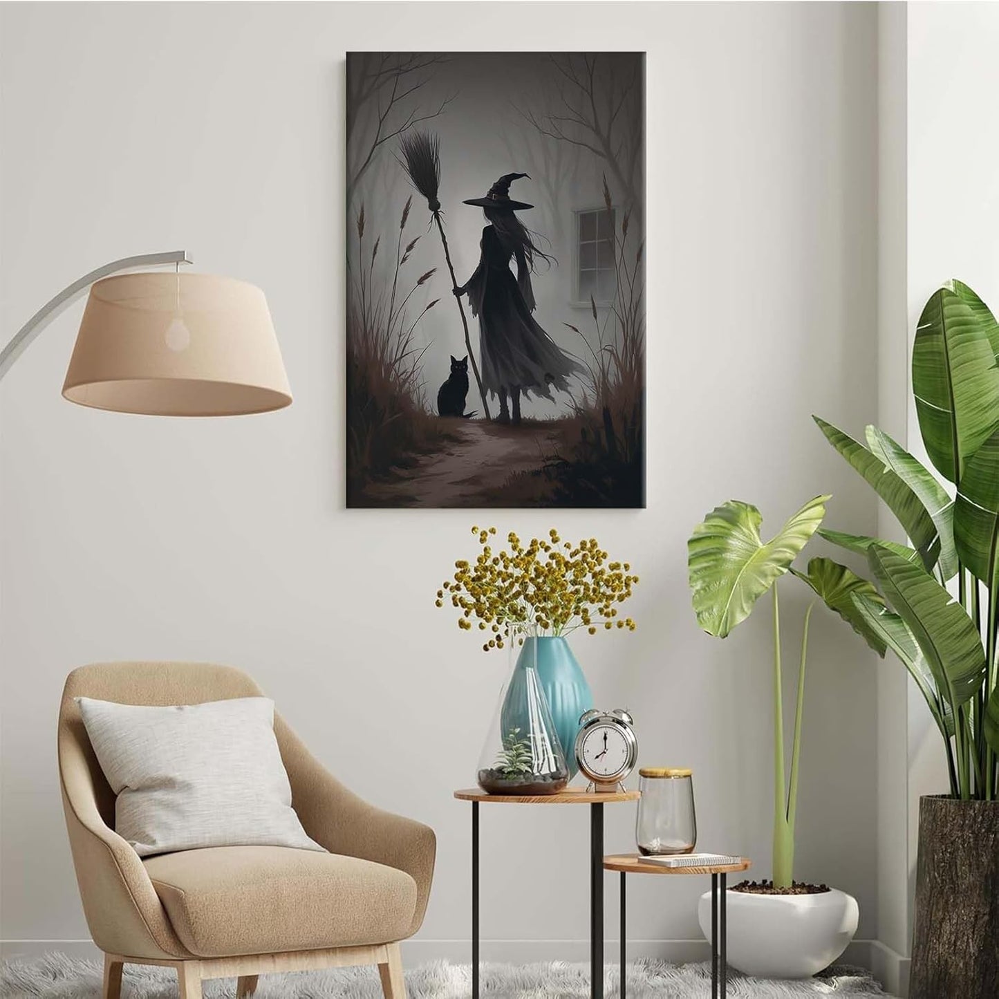 Vintage forest witch and black cat poster Halloween mural poster decoration mural art magic suitable for home living room bedroom12x16in Wood Framed