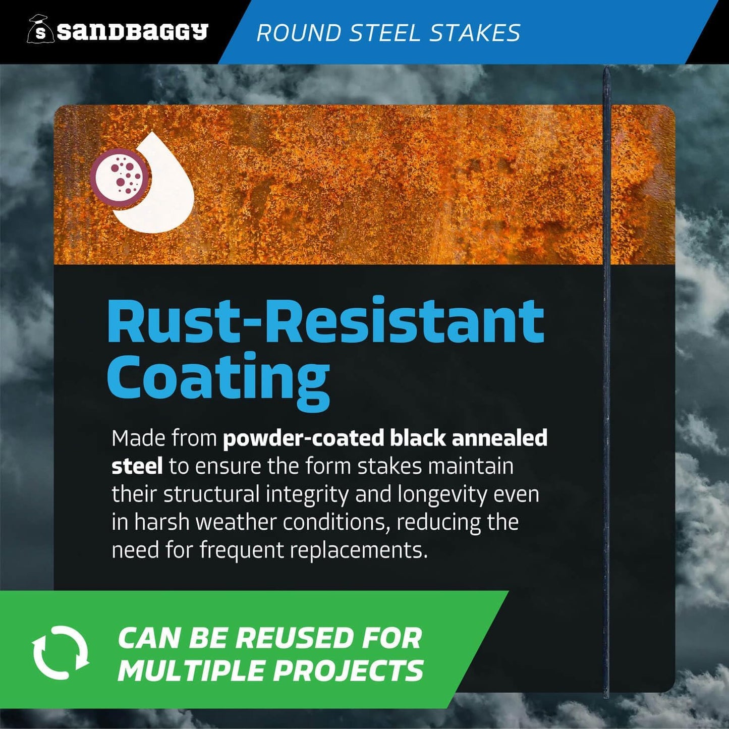 Sandbaggy Round Steel Concrete Form Stakes with Nail Holes - Rust Resistant Coating - Removable, Reusable (20, 3/4 in X 60 in)