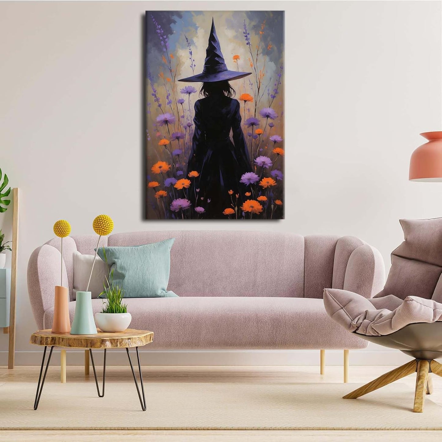 JFHCQJPK Country wildflower witch canvas print halloween mashup art witch purple decoration bohemian elegant art poster20x30in Frameless