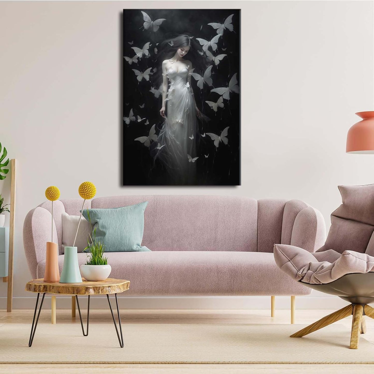 Vintage Gothic Feminine Canvas Wall Art Print Butterfly Poster Moody Female Wall Art Retro Artwork Dark College Decor for Home Bedroom24x36in Wood Framed