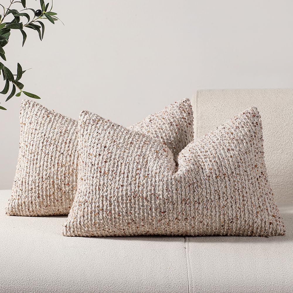 Striped Throw Pillow Covers 12x20 Set of 2 Beige Textured Boucle Chic Morden Boho Accent Farmhouse Rectangular Lumbar Decorative Couch Pillow Covers for Home Decor Bed Sofa Living Room