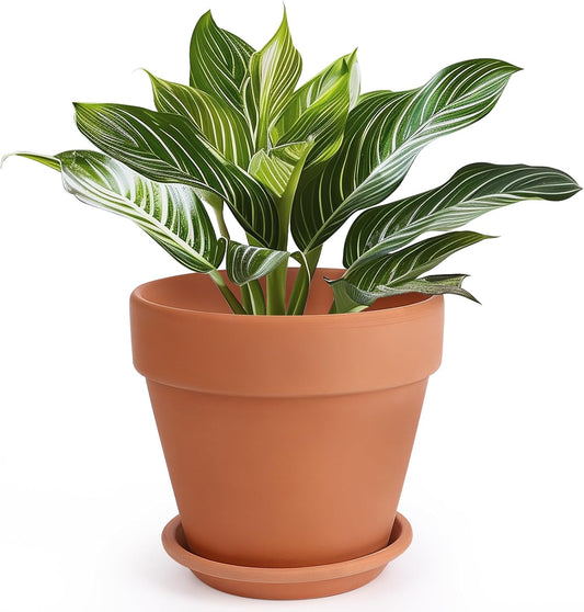 INGOFIN Terracotta Pot with Saucer - 10 Inch Ceramic Clay Pot for Plants with Drainage Hole, Large Terra Cotta Flower Planter with Tray for Indoor Outdoor Plants