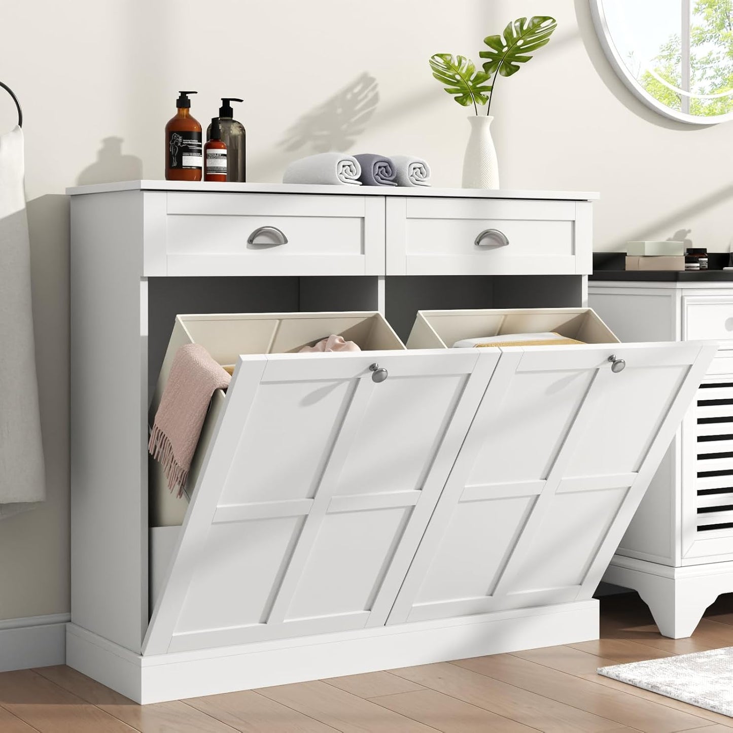 Loomie Double Tilt Out Laundry Hamper Cabinet, Hidden Laundry Cabinet with 2 Drawers & 2 Baskets, 30 Gallon Trash Can for Bathroom, Kitchen, White