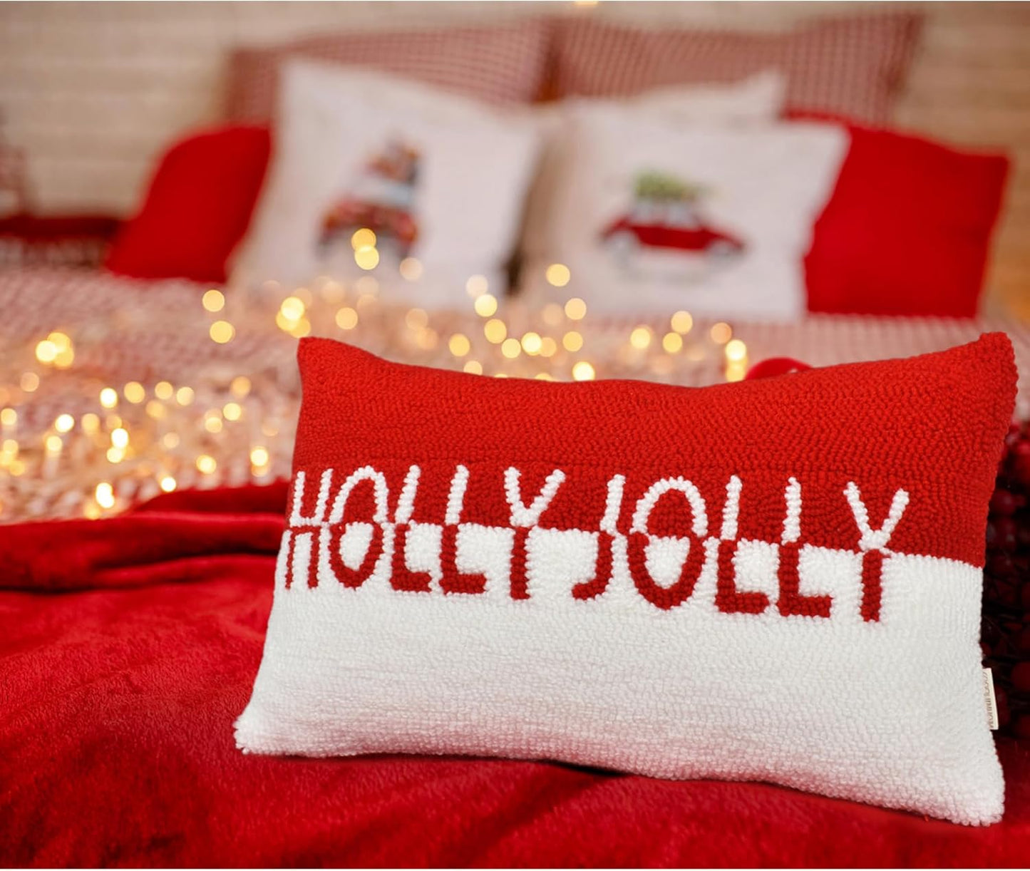 Holly Jolly Christmas Pillow Covers 12x20, Hooked Wool Embroidered Christmas Throw Pillow Covers Christmas Decorations Holiday Pillows for Home Couch,Red White