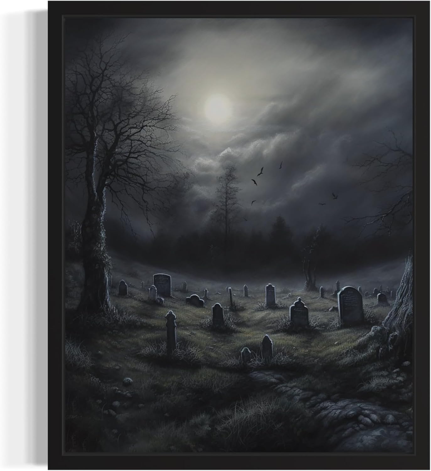 Gothic Graveyard Poster Art Print, Halloween Scary Vintage Wall Art Academia Spooky Painting Decoration for Horror Prints, Posters Bedroom Decor 89 (Gothic Graveyard, 11 x 14 inches, Black Frame)