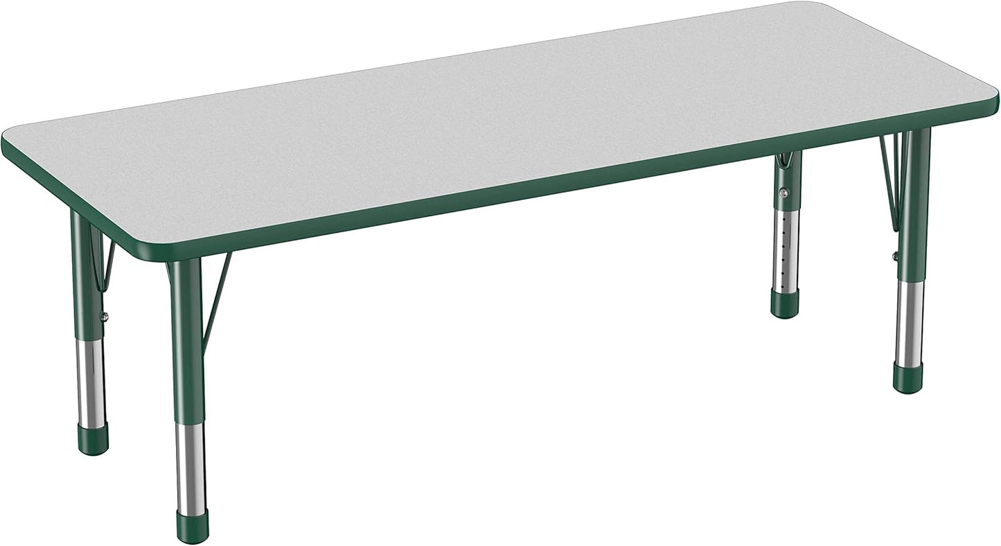 Factory Direct Partners FDP Rectangle Activity School and Classroom Kids Table (24 x 60 inch), Chunky Toddler Legs, Adjustable Height 15-24 inches - Gray Top and Green Edge