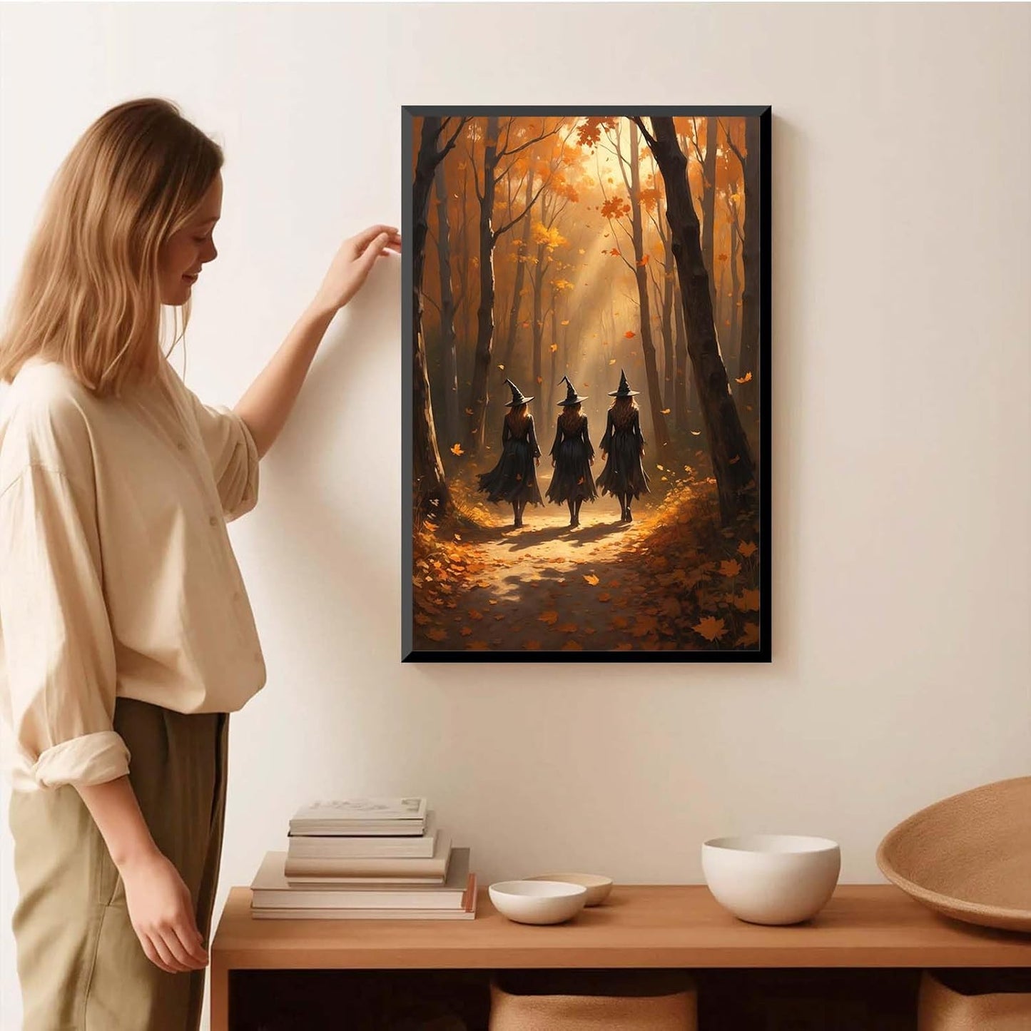 JFHCQJPK Three witches walking in the forest in autumn canvas painting gothic poster halloween print country witch wall art for home decoration24x36in Metal blackFramed