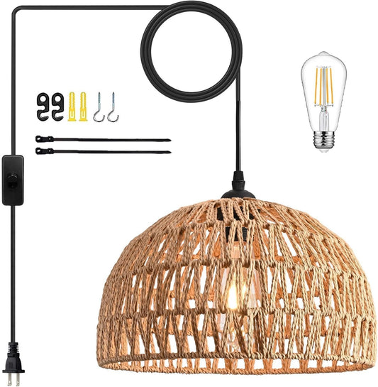 Brown Rattan Light Fixture 15ft Plug In Pendant Light Woven Pendant Light Boho Chandelier Wicker Pendant Light Boho Pendant Light Plug In for Dining Room Kitchen Island Bedroom(Bulb Incl.)