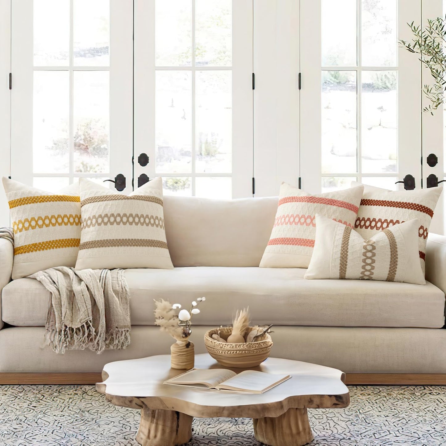 MIULEE Set of 2 Coral Red Boho Decorative Pillow Covers 20x20 Inch Farmhouse Rustic Couch Throw Pillows Modern Summer Cotton Cushion Covers Retro Cute Macrame Woven Home Decor for Bed Sofa Chair