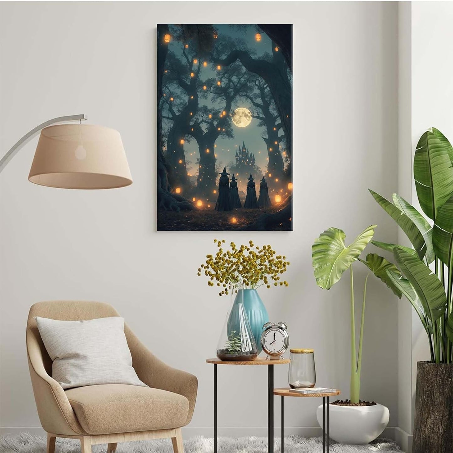 JFHCQJPK Mysterious creek painting witch and castle in magic forest art print canvas gothic print dark college decoration poster for home bedroom24x36in Frameless