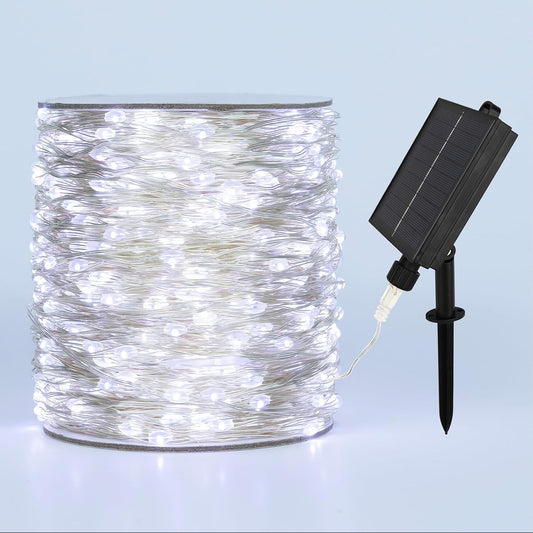 Solar String Lights for Outside,100FT 300 LEDs Solar Fairy Lights,Waterproof 8 Modes Button Outdoor String Light for Patio Garden Backyard Tree Wedding Christmas,Silver Wire,Cool White