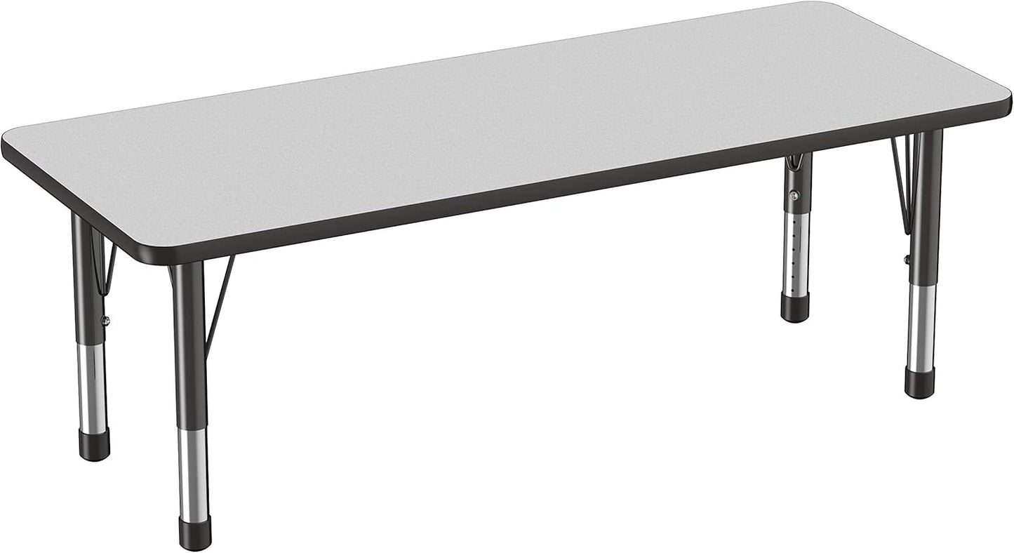 FDP Rectangle Activity School and Classroom Kids Table (24 x 60 inch), Chunky Toddler Legs, Adjustable Height 15-24 inches - Gray Top and Black Edge