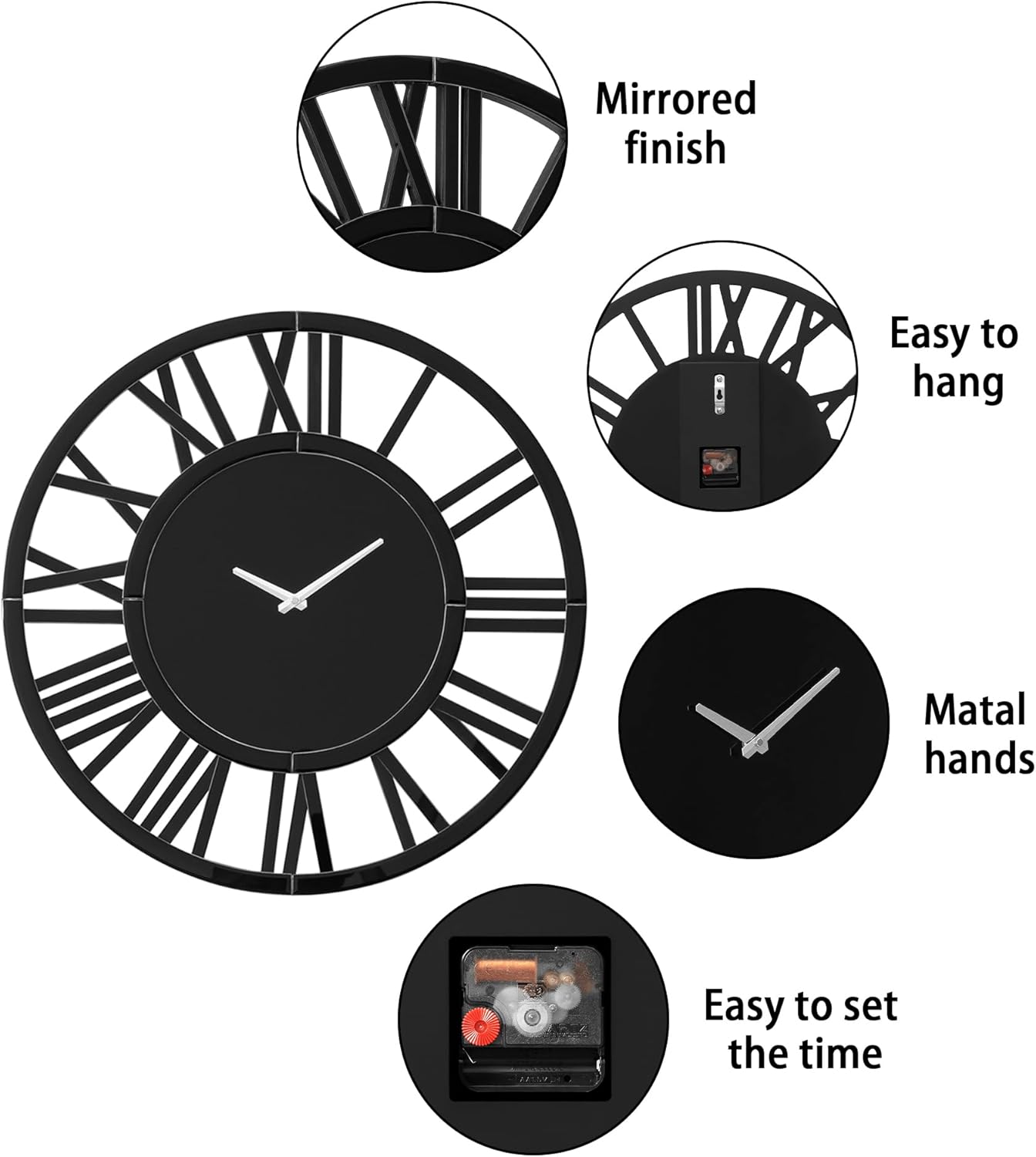 39.3" Oversize Wall Clock - Modern Black Glass Large Wall Clock with Roman Numerals, Decorative Wall Clocks for Living Room, Bedroom, Office - Easy to Hang, Silent Non-Ticking
