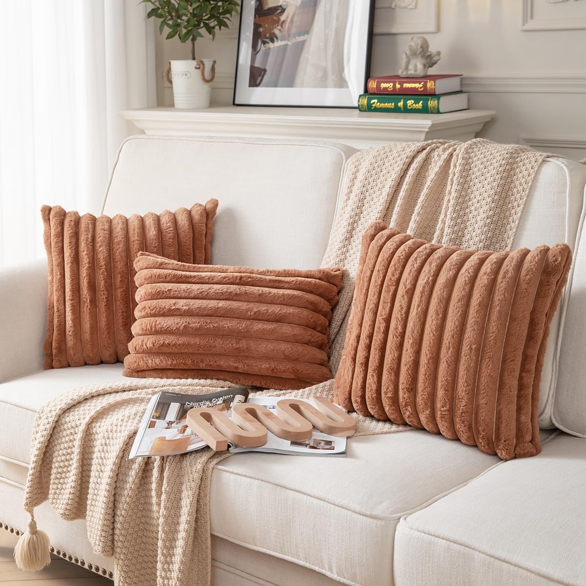 DEELAND Pack of 2,Double-Sided Faux Fur Plush Decorative Throw Pillow Covers Fuzzy Striped Soft Pillowcase Cushion Covers for Sofa Couch Bedroom Brown 22x22 inch