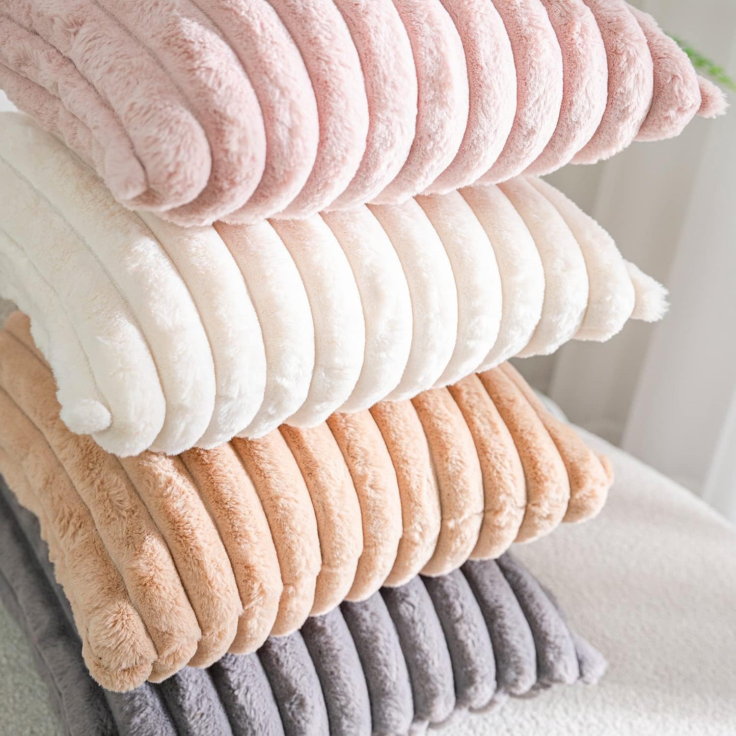 DEELAND Pack of 2,Double-Sided Faux Fur Plush Decorative Throw Pillow Covers Fuzzy Striped Soft Pillowcase Cushion Covers for Sofa Couch Bedroom Home, Cream White
